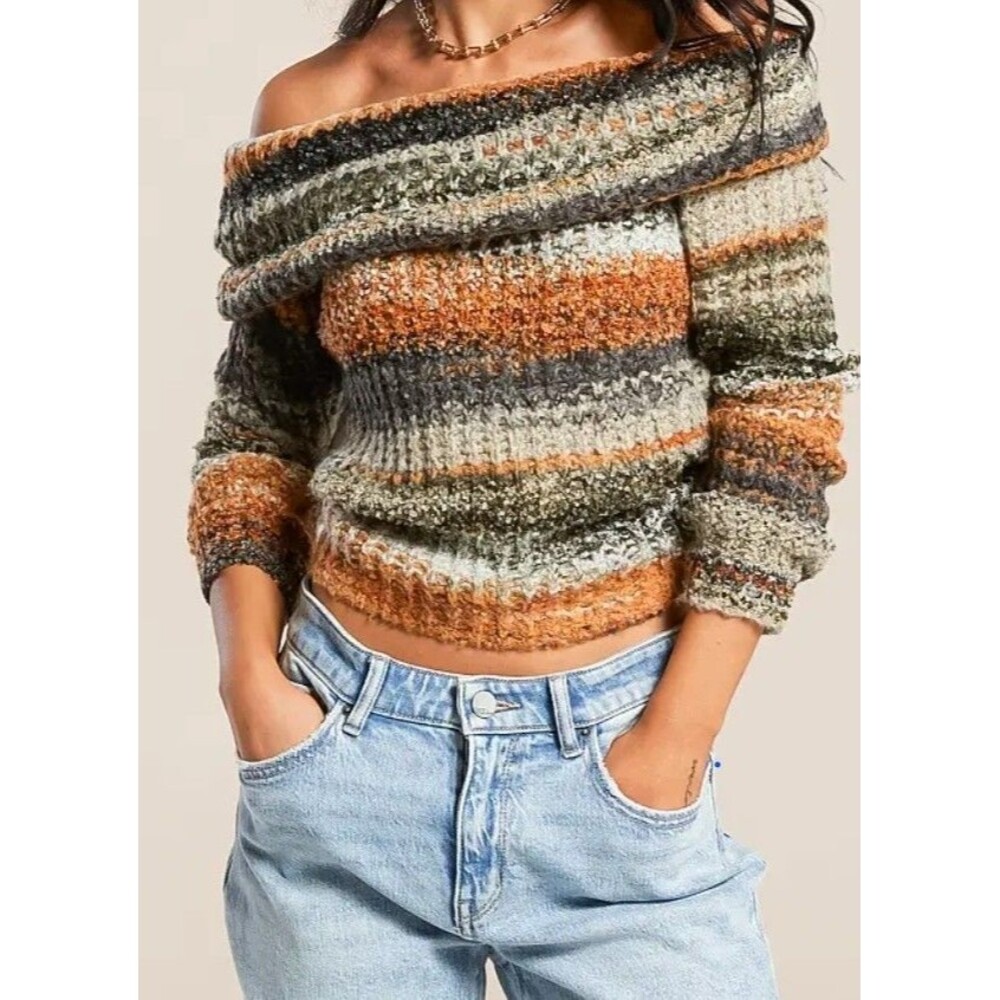 Chic Gilded Intent multicolor off-the-shoulder striped marled knit sweater - Picture 8 of 8
